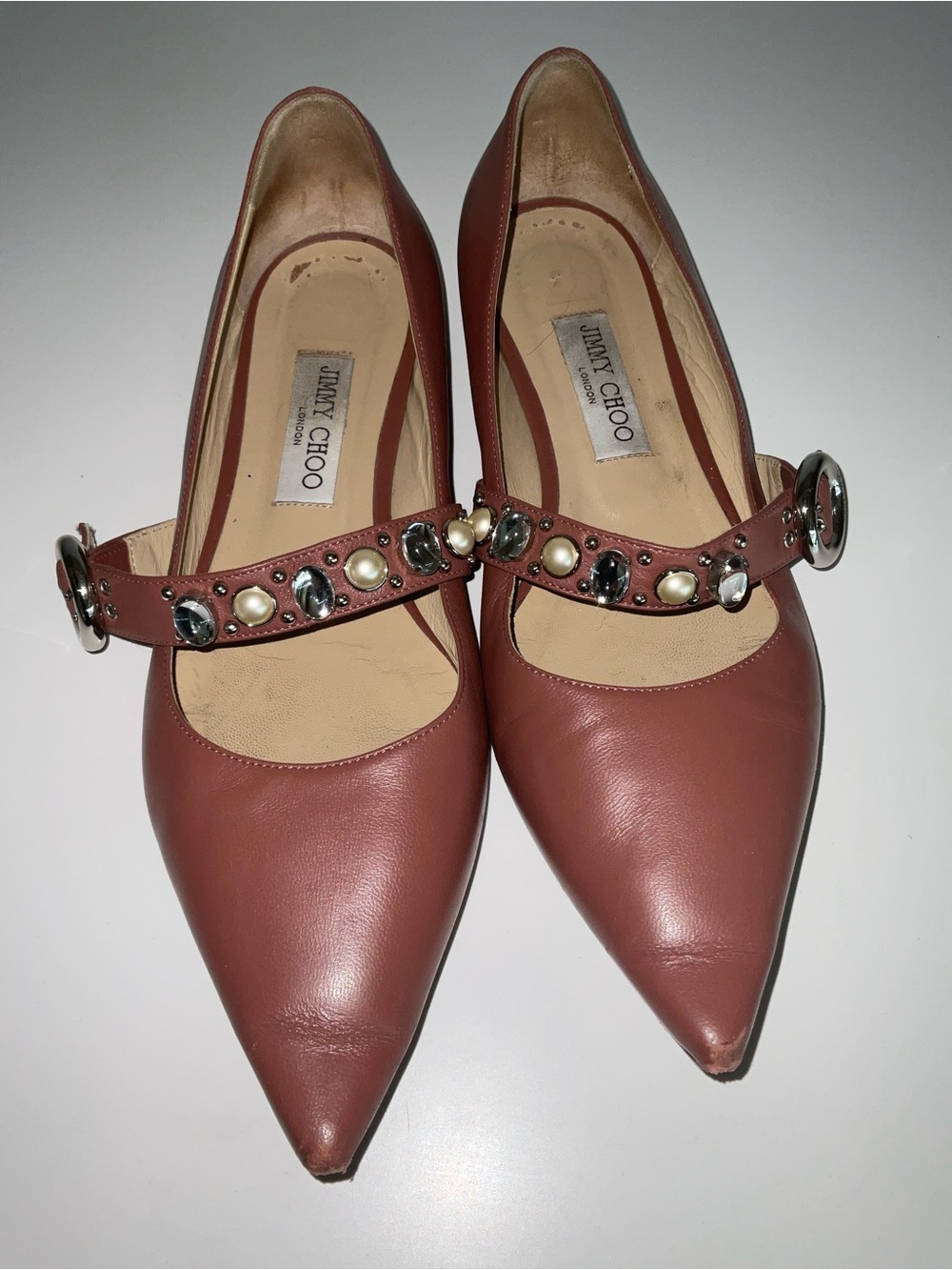 Jimmy Choo Dusty Rose Leather Gela Flats with Pearl & Crystal Strap